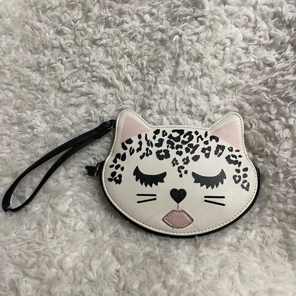 Betsey Johnson Cat Face leopard print Wristlet white,pink and black.